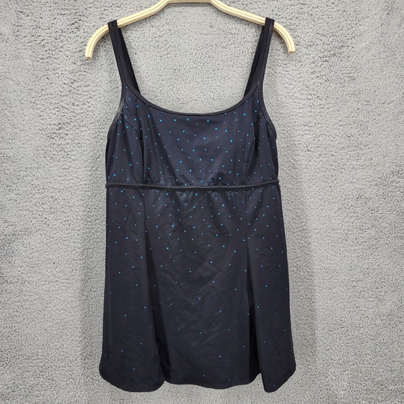 Great‎ Lengths Women's 10 Swim Dress One Piece Black Blue Polka Dot Swimsuit - Picture 1 of 13